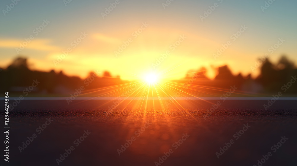 Poster sunset over horizon with beams of light shining through trees and soft foreground focus on asphalt r