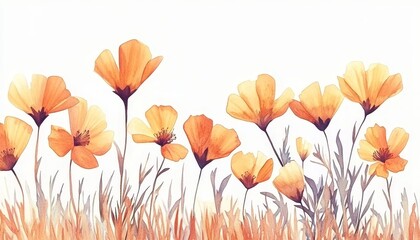 Naklejka premium Watercolor Floral Background, Delicate Orange Flowers, Leaves And Grass, Pastel, Gentle, Artistic
