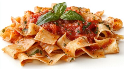 Pasta with tomato sauce, studio shot, fresh basil garnish