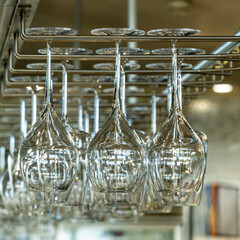 Group of wine glasses hanging upside down above a bar rack in pub or restaurant. Glasses for wine on a bar with serving items.