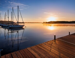 Fototapeta premium wooden pier by calm lake with sail boats before sunrise at dawn