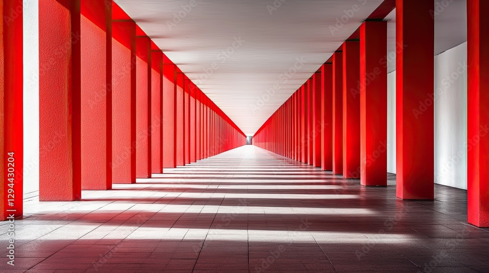 Poster modern architectural corridor with red columns creating a striking symmetrical perspective.