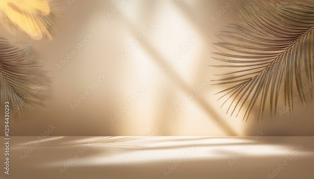 Wall mural abstract beige studio background for product presentation empty room with shadows of window and flow