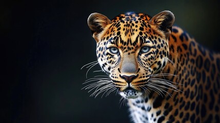 Obraz premium A leopard captured in a pose, muscles tensed, with its spots standing out on a black background