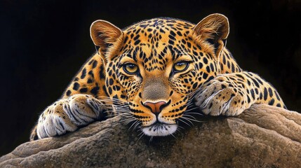 Obraz premium A leopard crouched, camouflaged against a contrasting black background with sharp focus