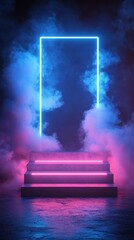 Bright neon lights illuminate stairs in a foggy setting, creating a dramatic entrance at a nighttime event