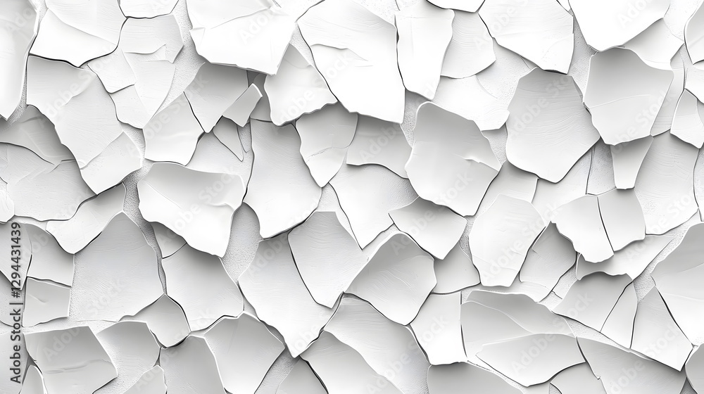 Poster peeling white paint texture on a wall with jagged fragments creating an abstract design in a light b