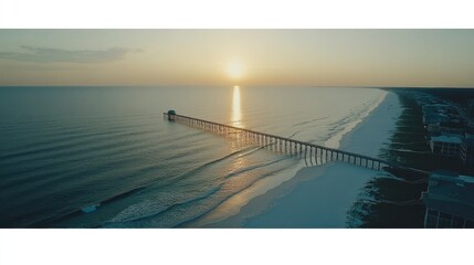 A long pier stretching over the ocean from a white sand beach at sunset