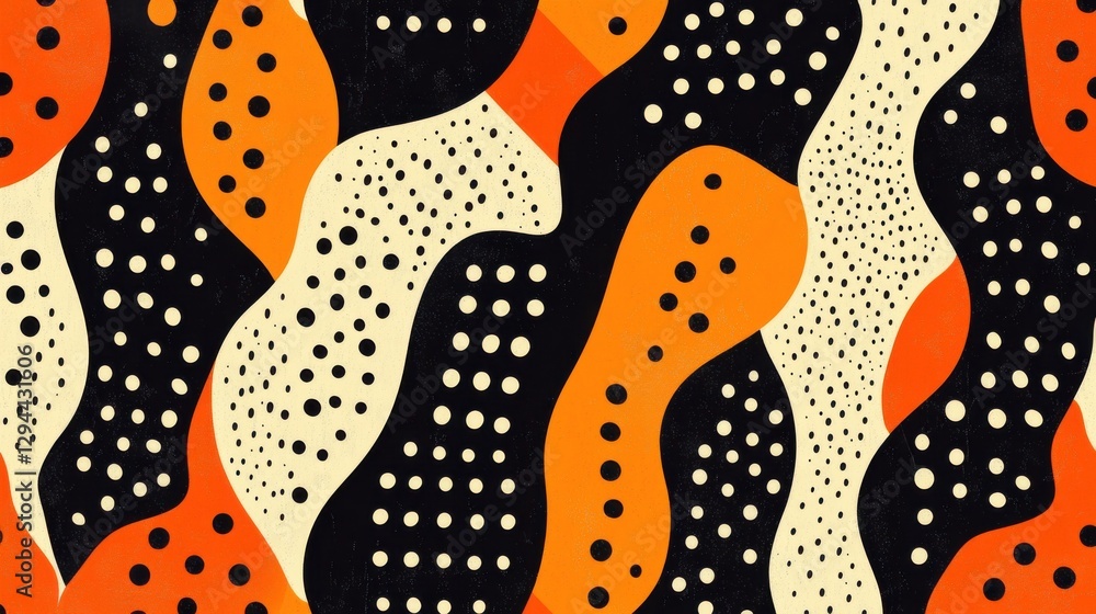 Poster colorful abstract pattern with flowing shapes and dots in black and orange
