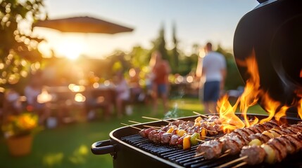 Close up view of sizzling grilled meat skewers with vibrant flames surrounded by a lively outdoor gathering bathed in warm afternoon sunlight   a celebratory weekend BBQ scene full of cozy