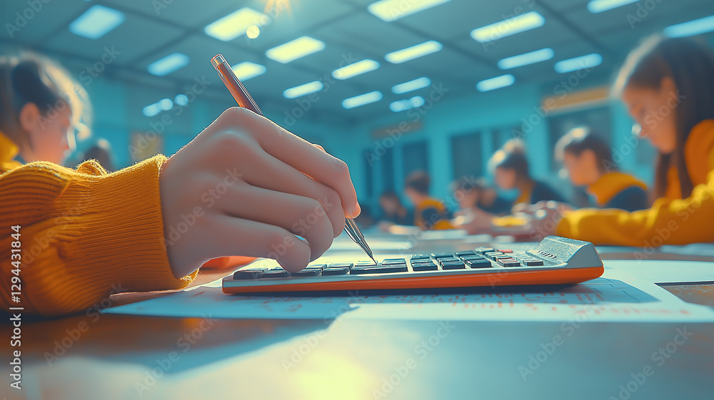 Poster University Student Writing with Pen and Calculator During Examination in Lecture Room