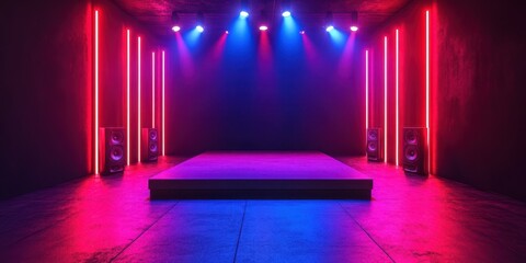 Colorful stage with neon lights and speakers in an energetic music venue during a nighttime event
