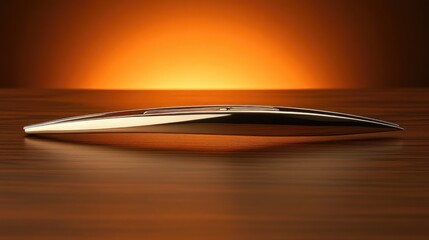 Obraz premium A luxury tie clip reflecting warm lighting as it sits on a wooden desk, deep orange backdrop