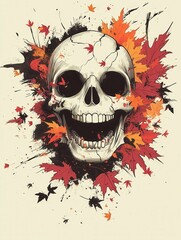 Laughing Skull. Graphic Cartoon Illustration of a Creepy Black Skull in Autumn Theme
