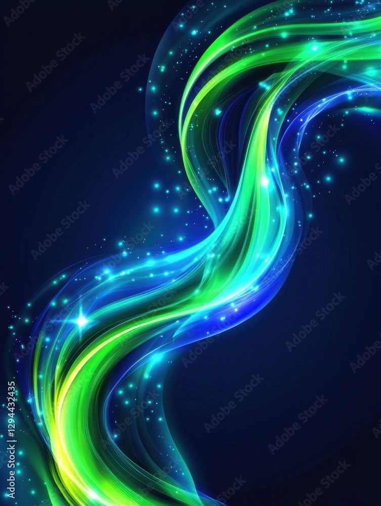 Poster abstract flowing wave of vibrant green and blue light on a dark background creating a dynamic and en