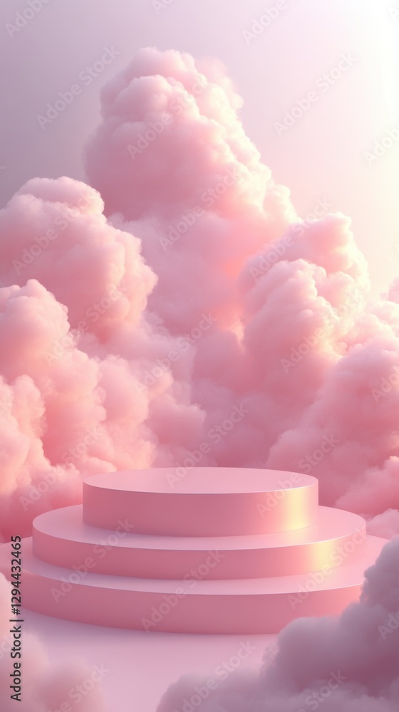 Poster ethereal pink cloudscape backdrop with three tiered platform for product display and presentation so