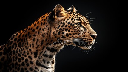 A majestic side view of a leopard in profile with detailed fur patterns against a black backdrop