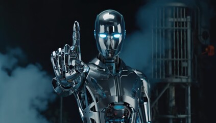 Fototapeta premium Futuristic Robot with Blue Eyes Raising Finger in Dramatic Setting