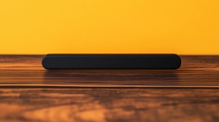 A matte black tie clip resting on a dark wood desk, set against a gradient orange background