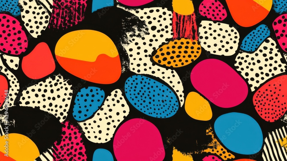 Poster colorful abstract shapes with dots and patterns on black background