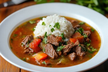Mexican Beef Soup with Rice. Traditional Hispanic Dish on Plate