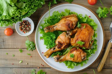 Fototapeta premium Roasted Chicken Legs: Crispy chicken legs served with a fresh salad perfect for dinner