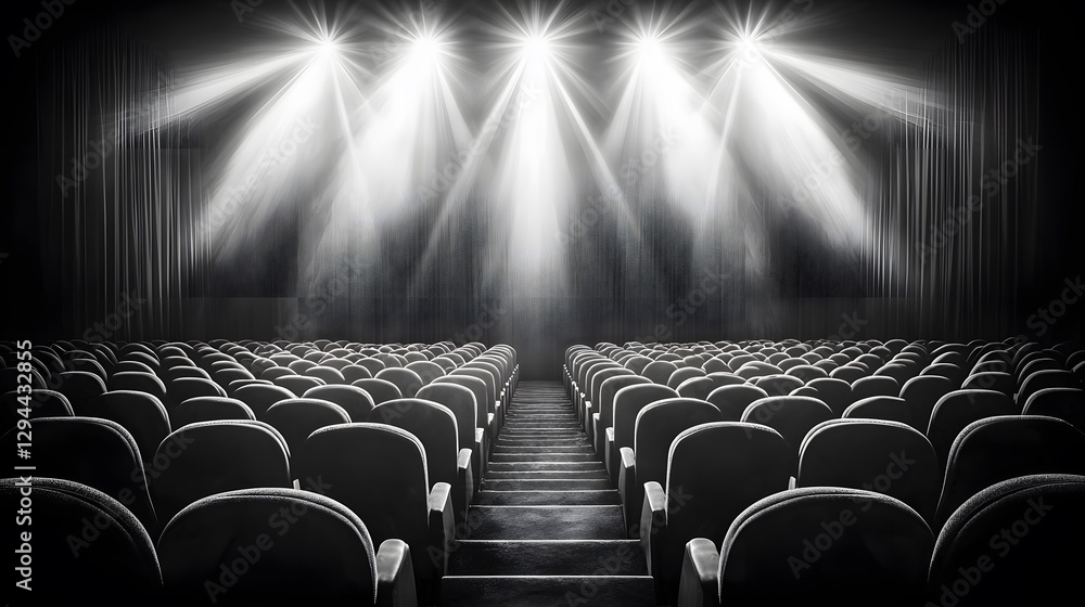 Poster bright stage lights illuminating empty theater seats ready for a performance in an artistic setting 