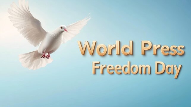 White dove flying with golden text celebrating World Press Freedom Day and freedom of journalism