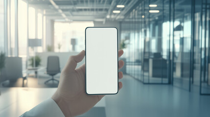 A hand holding smartphone with empty screen in modern, brightly lit office space with soft lighting. clean design and vibrant atmosphere create sense of innovation and technology