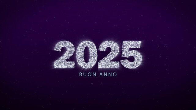 Buon anno 2025. Happy New Year 2025 Italian greeting. Sparkling animated letters and numbers on dark blue background. Horizontal silver fireworks.