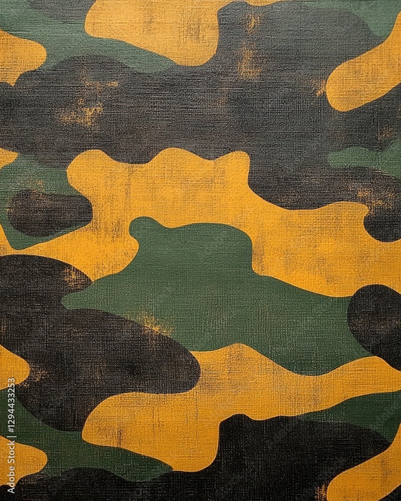 Poster artistic camouflage pattern in yellow green and black abstract design on textured canvas surface
