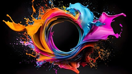 Dynamically Flowing Colorful Liquid Explosion Swirls and Bursts Creating a Mesmerizing Circular Abstract Visual on a Deep Black Background