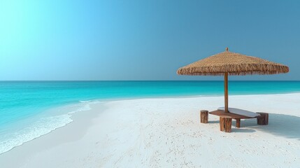 Tropical beach scene with thatched umbrella