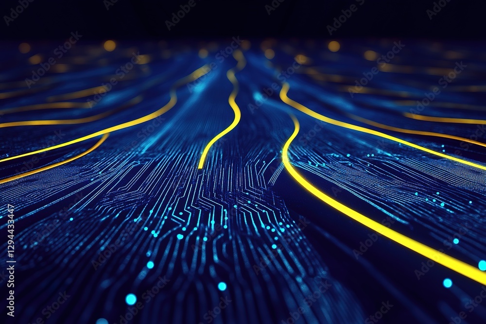 Poster circuit board illuminated with flowing paths showing data streams or connections