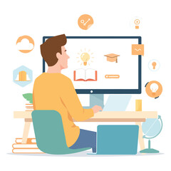 Online Learning: Student Focused on Digital Education/A colorful, flat design illustration of a student engrossed in online learning.