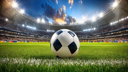 Electrifying soccer match taking place in a packed stadium with a soccer ball on the richly green playing field surrounded by bright