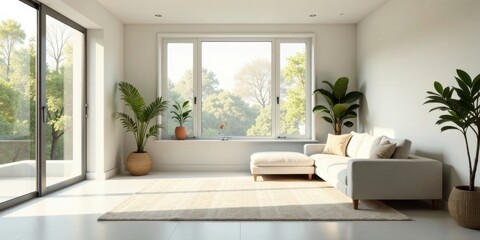 Serene Living Room Design Featuring a Modern Sectional Sofa, Lush Greenery, and Abundant Natural Light