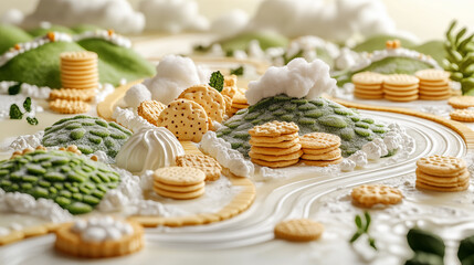 Depicting a magical world with whipped cream shores, cookie paths and gingerbread houses