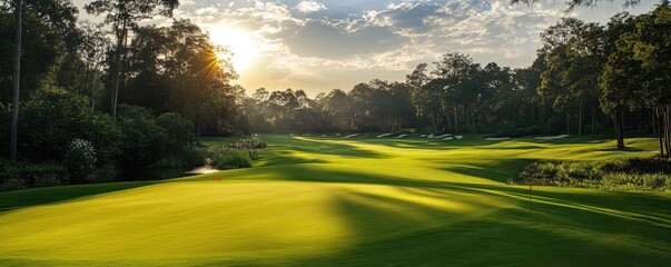 Aerial view of a lush green golf course featuring a serene pond and tall trees.