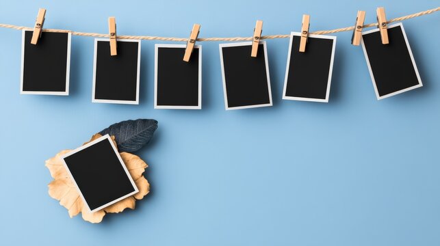 Blank photo frames hanging on a clothesline against a blue background with black polaroid photos