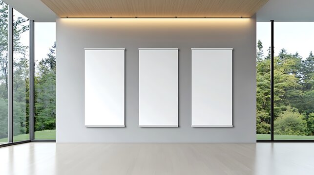 Modern Gallery Interior: Three Blank Canvases in a Sunlit Room AI Generated