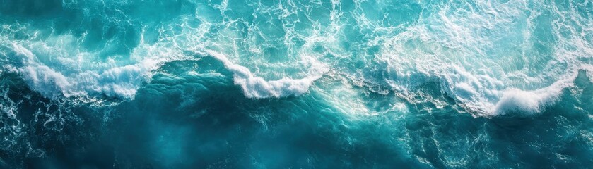 Fototapeta premium Aerial view of a powerful wave crashing onto sandy beach.