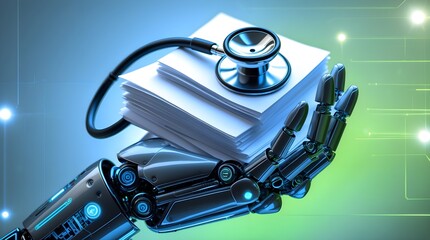 a robot hand holding a stack of papers, medical document, with a stethoscope on top, concept of ai application in healthcare industry, space for copy