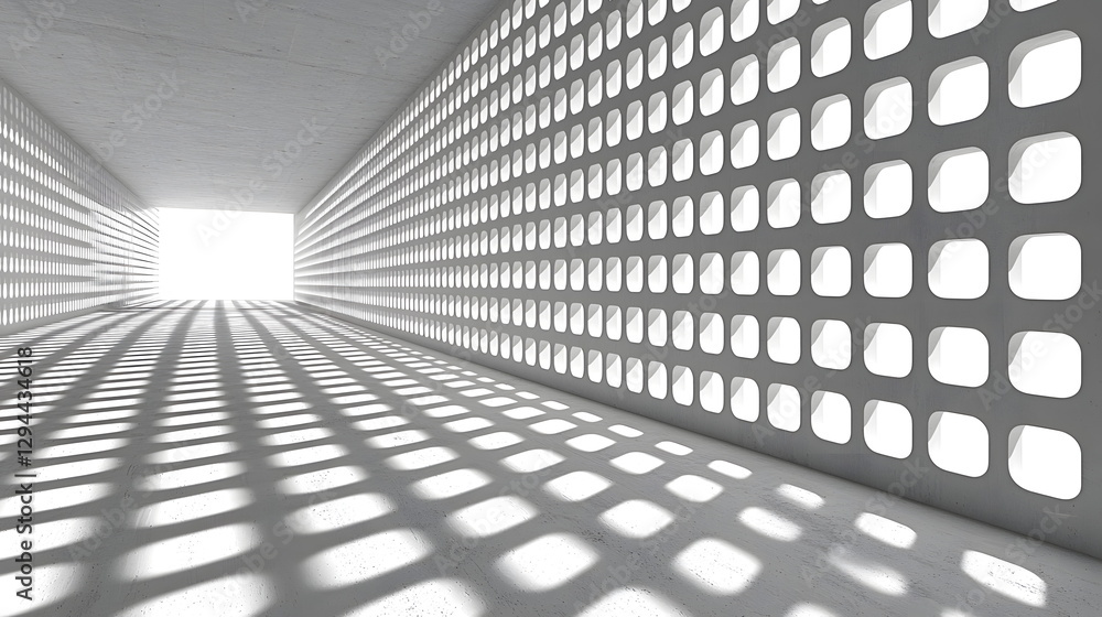 Poster bright white tunnel with grid-like walls casting long shadows across the floor in a minima style.