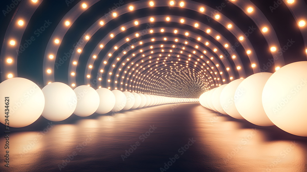Aufkleber glowing orbs lined up in a futuristic tunnel with luminous lights creating a mesmerizing atmosphere.