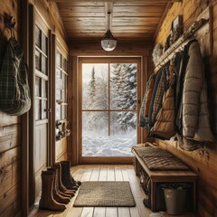 A rustic cabin hallway with boots and winter apparel