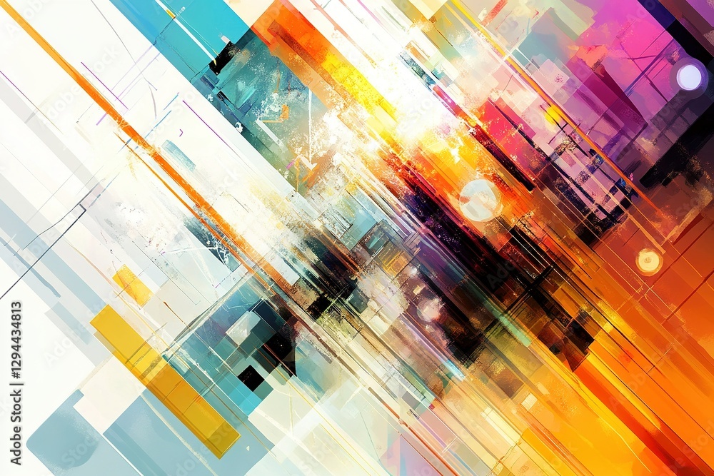 Poster a vibrant abstract painting with overlapping geometric shapes and a dynamic color palette
