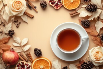 Cozy Autumn Still Life with Tea Cup Roses Cinnamon Sticks and Pine Cones on Beige Background