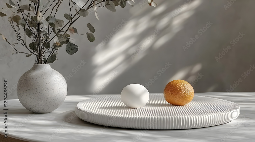 Poster minima still life with eggs and vase on round tray capturing soft light and shadow play indoors.