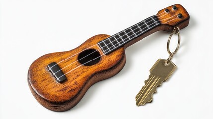Fototapeta premium A novelty keychain shaped like a mini guitar, placed on a seamless white background